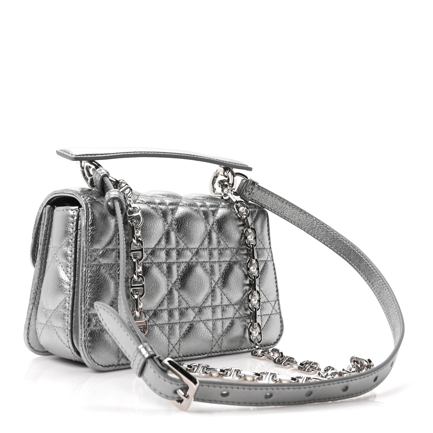 Metallic Lambskin Cannage Mini Jolie Top Handle Bag Silver