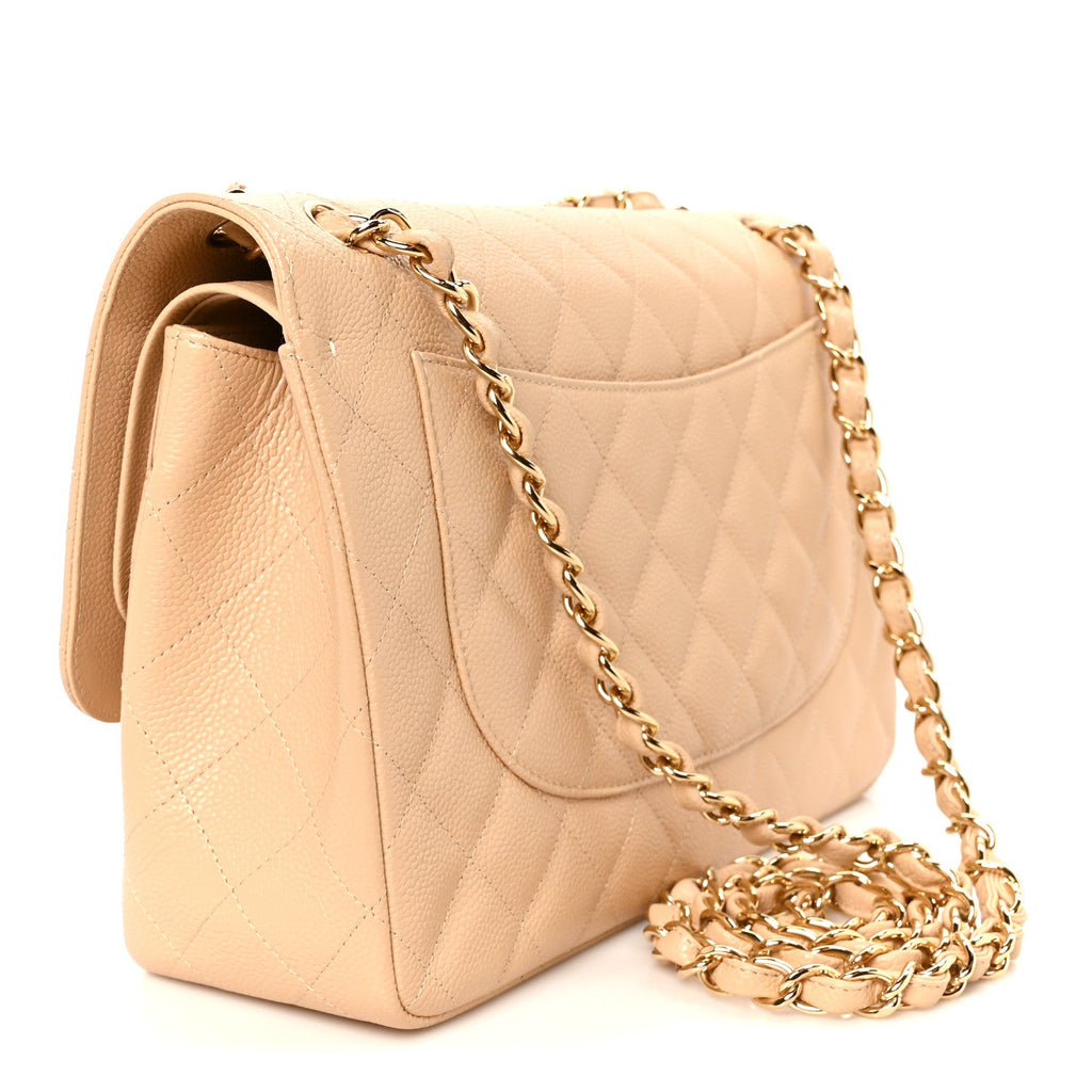 Caviar Quilted Jumbo Double Flap Beige Clair