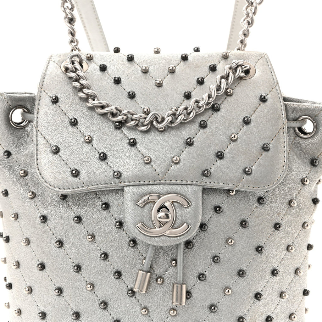 Metallic Lambskin Chevron Quilted Studded Stud Wars Backpack Silver