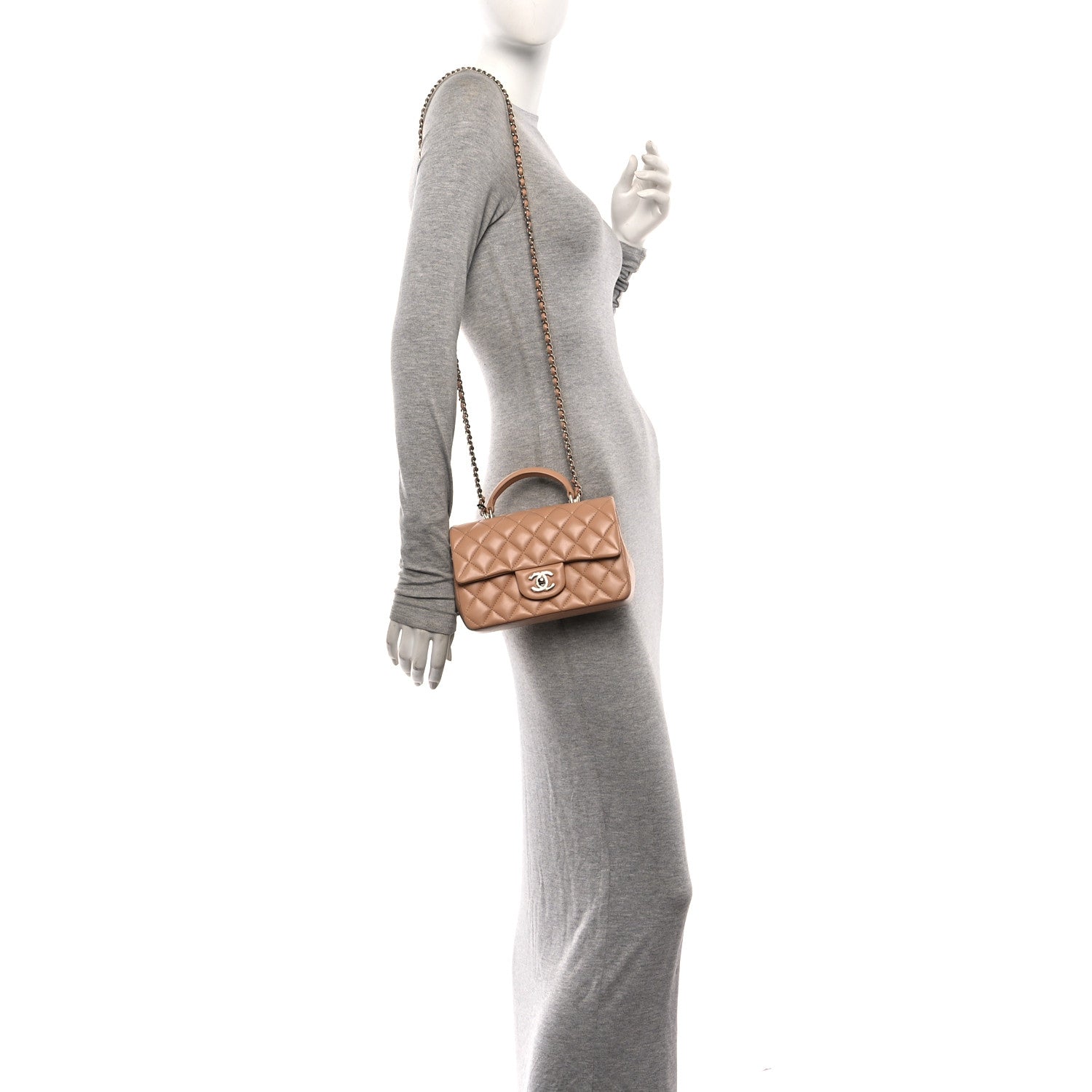 Lambskin Quilted Mini Top Handle Rectangular Flap Dark Beige