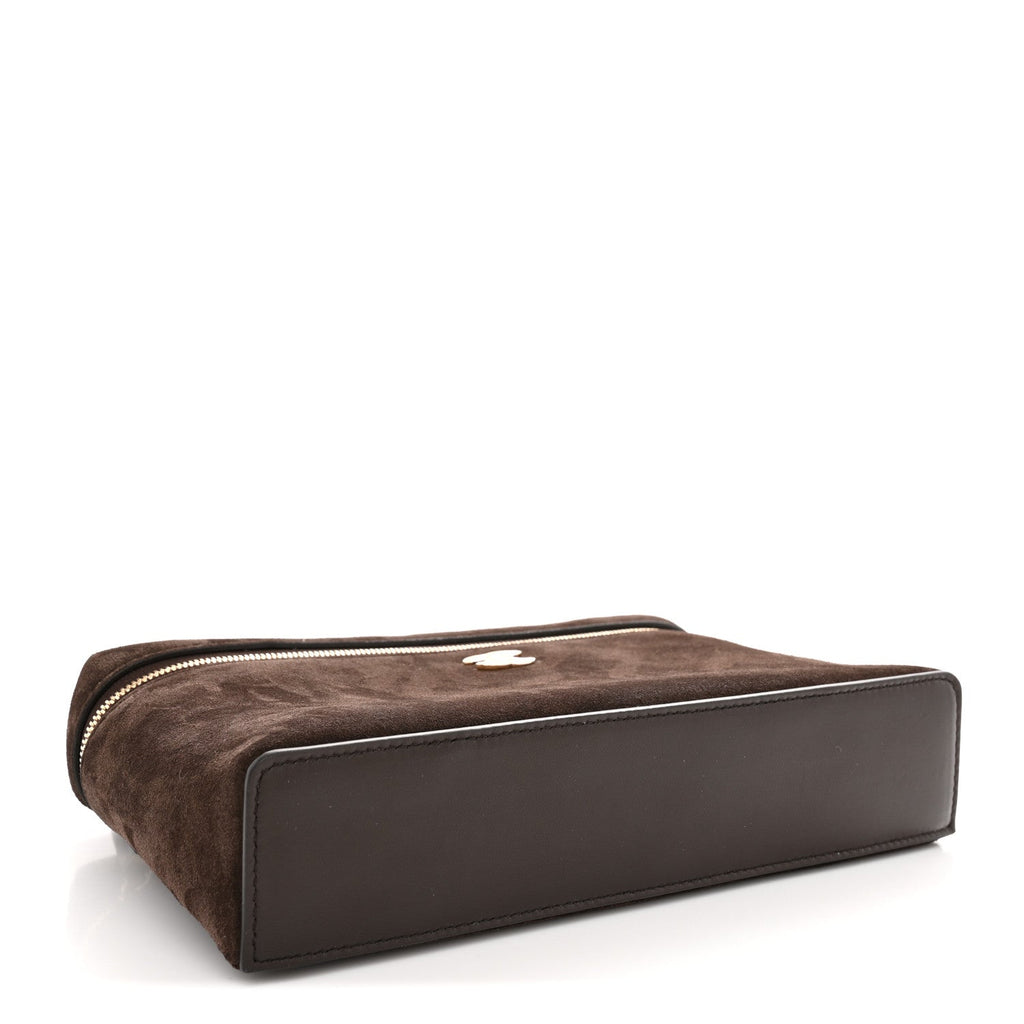 Suede Calfskin Large Top Handle Slim Vanity With Chain Dark Brown