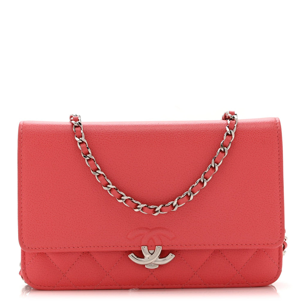 Grained Calfskin Quilted CC Box Wallet On Chain WOC Pink Pink