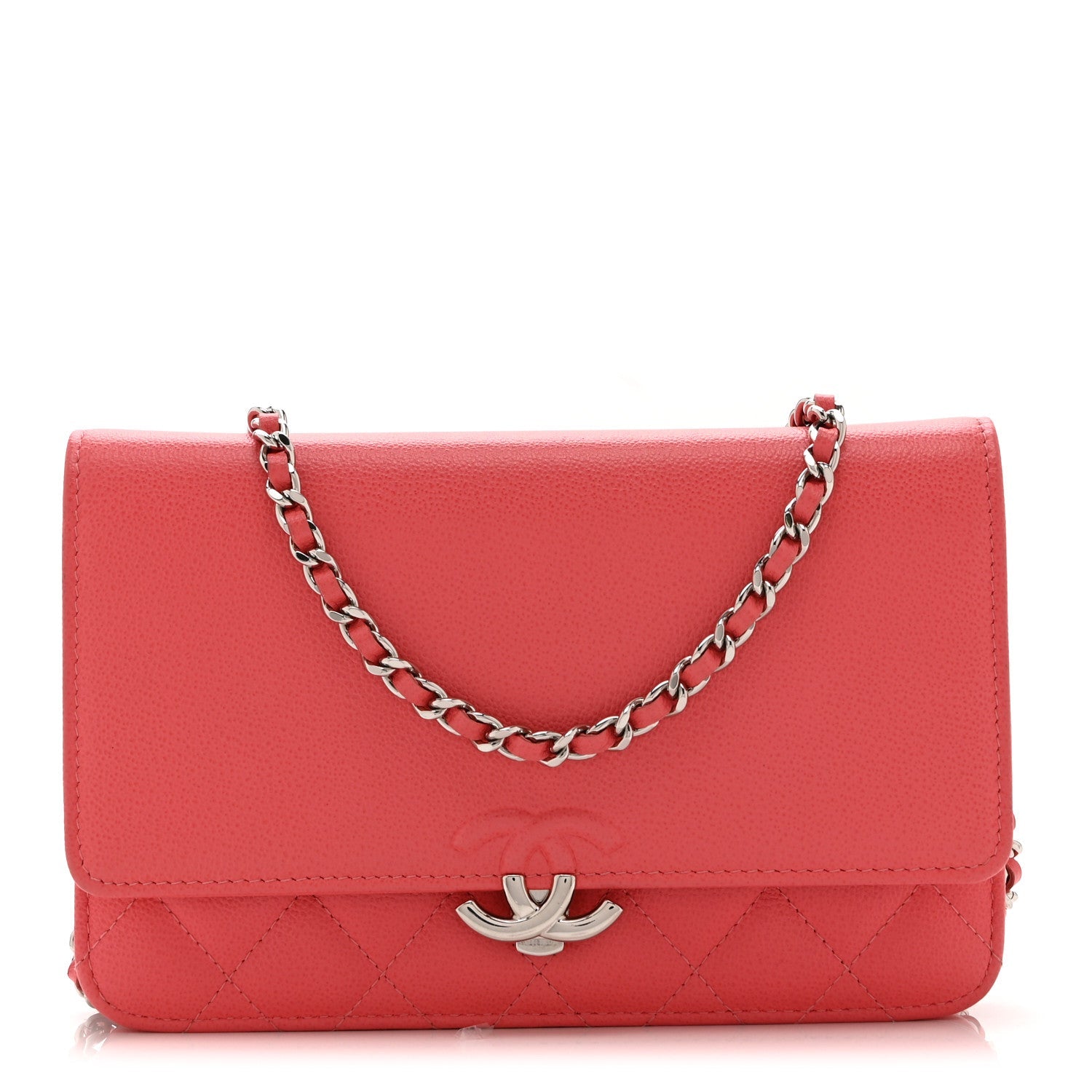 Grained Calfskin Quilted CC Box Wallet On Chain WOC Pink Pink