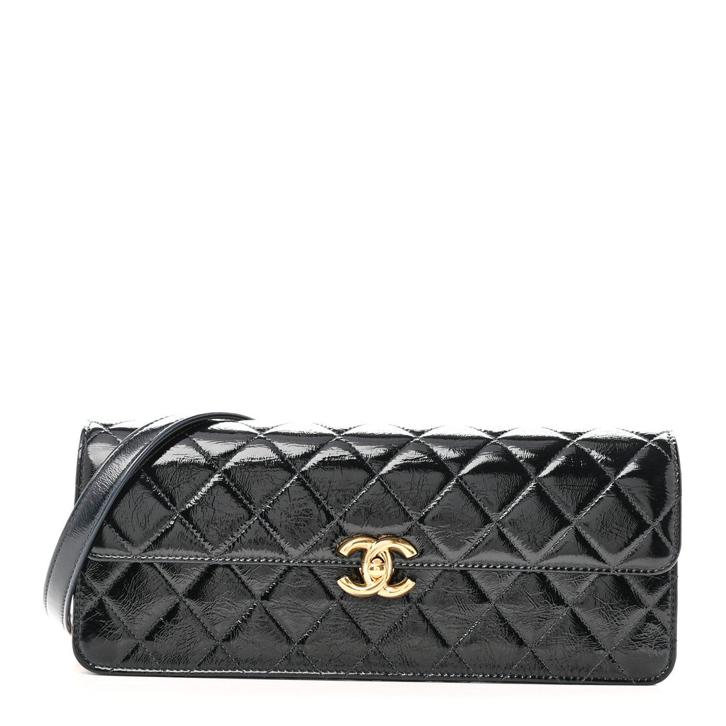 Patent Lambskin Quilted East West Flap Shoulder Bag Black