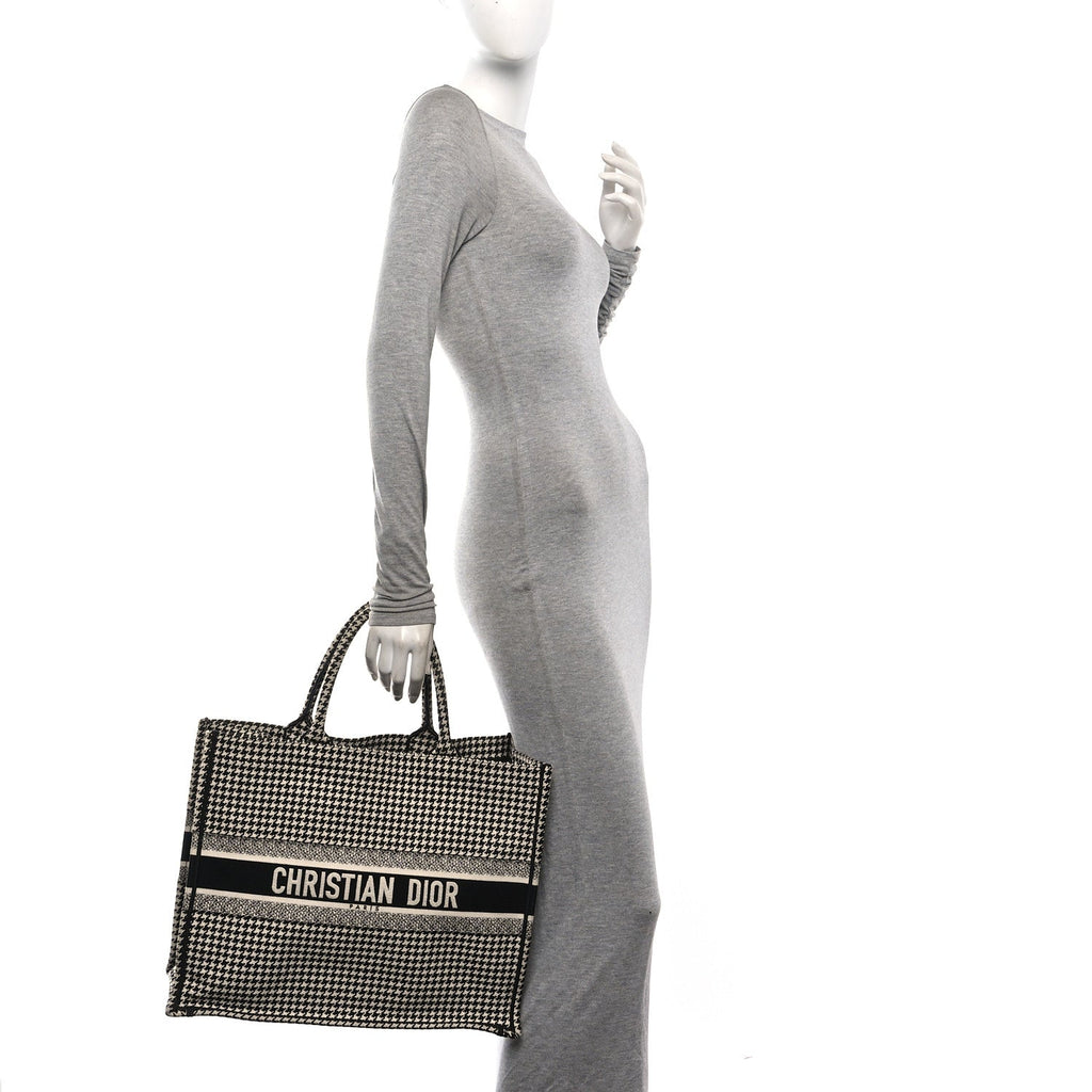 Canvas Houndstooth Embroidered Large Book Tote Black White
