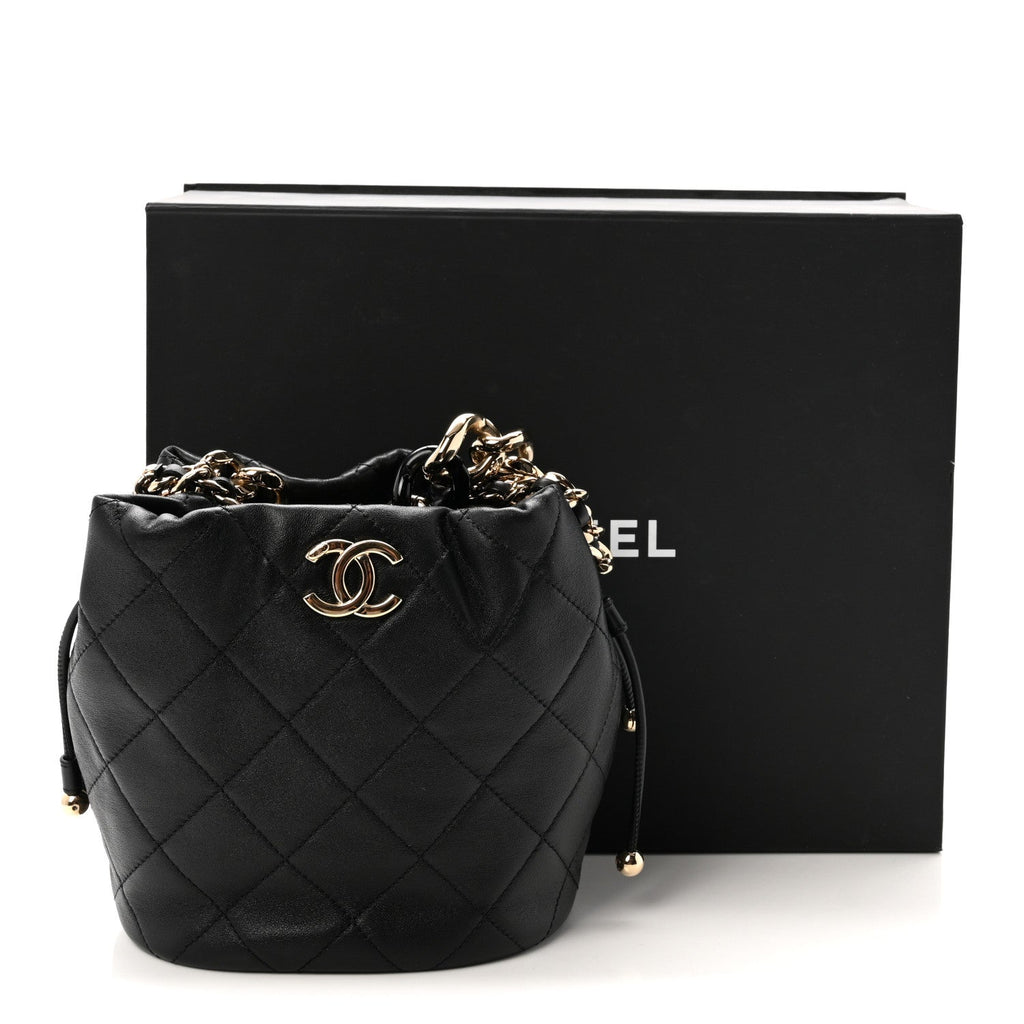 Lambskin Quilted Resin Bi-Color Chain Bucket Bag Black