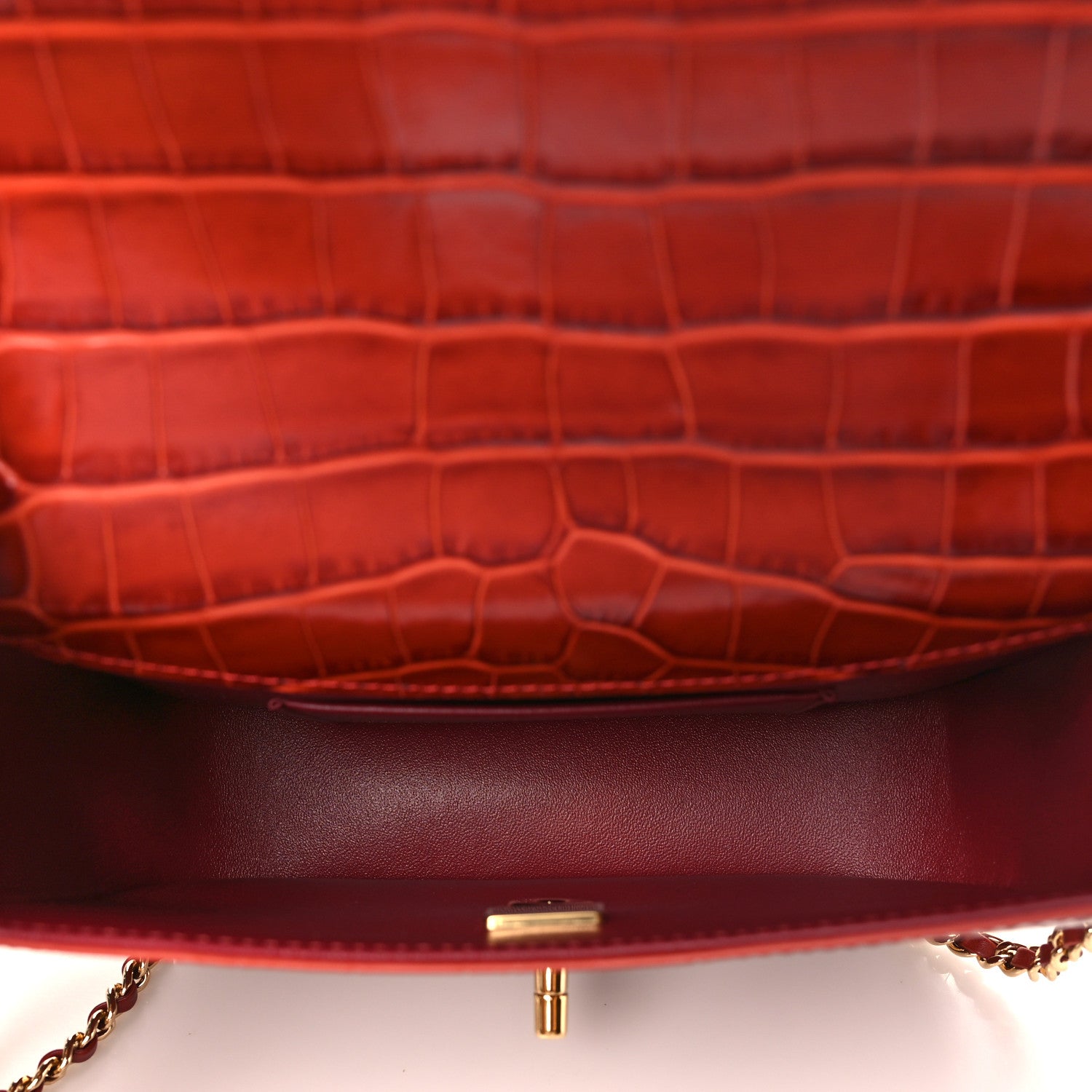 Calfskin Crocodile Embossed Turn Around Mini Flap Burgundy