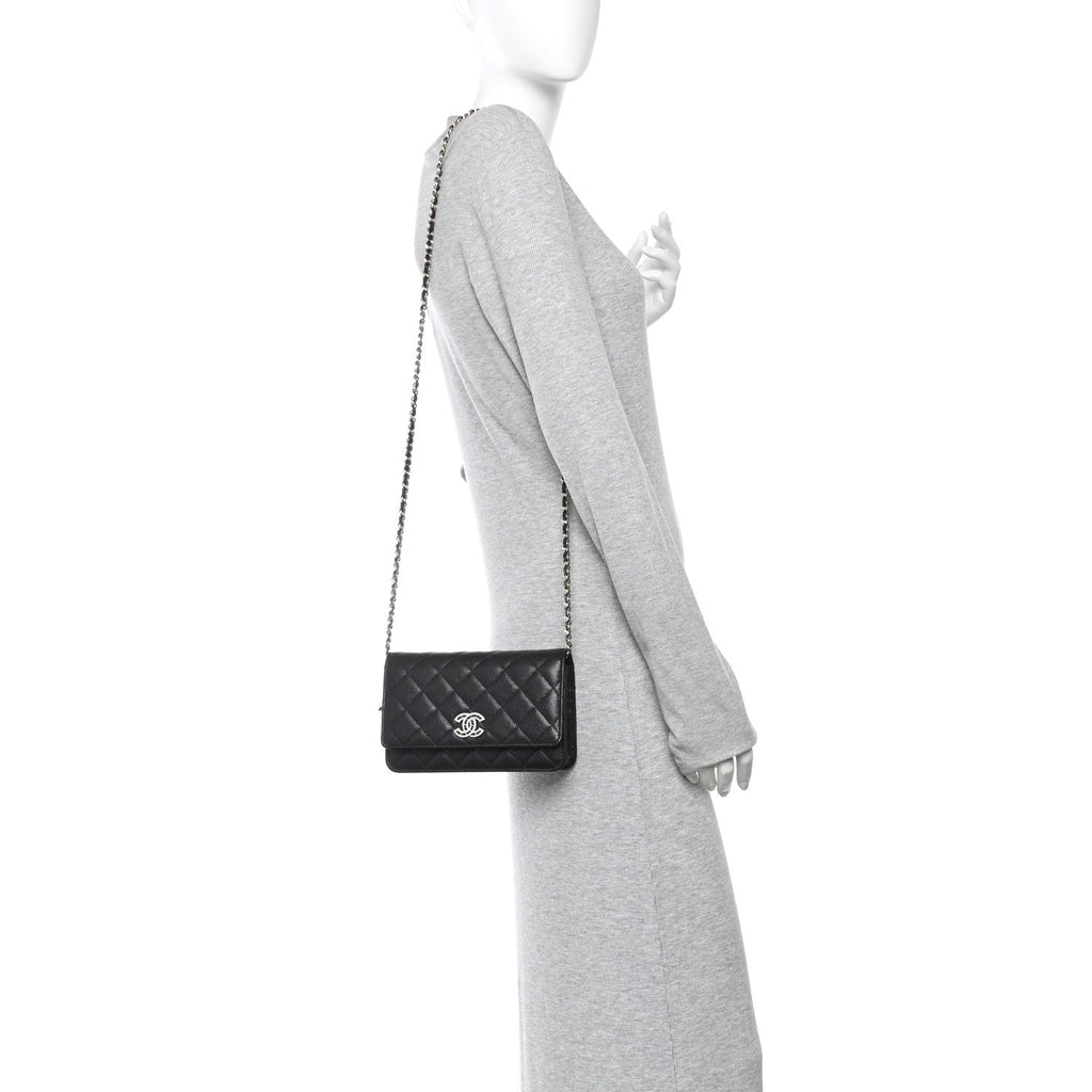 Caviar Quilted Crystal CC Wallet On Chain WOC Black