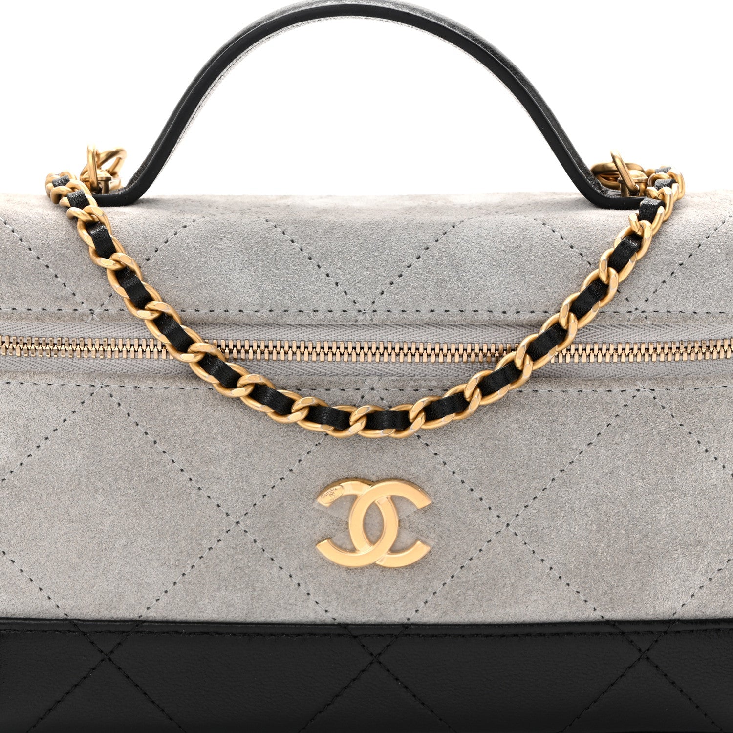 Suede Calfskin Shiny Lambskin Quilted Top Handle Slim Vanity Case With Chain Grey Black