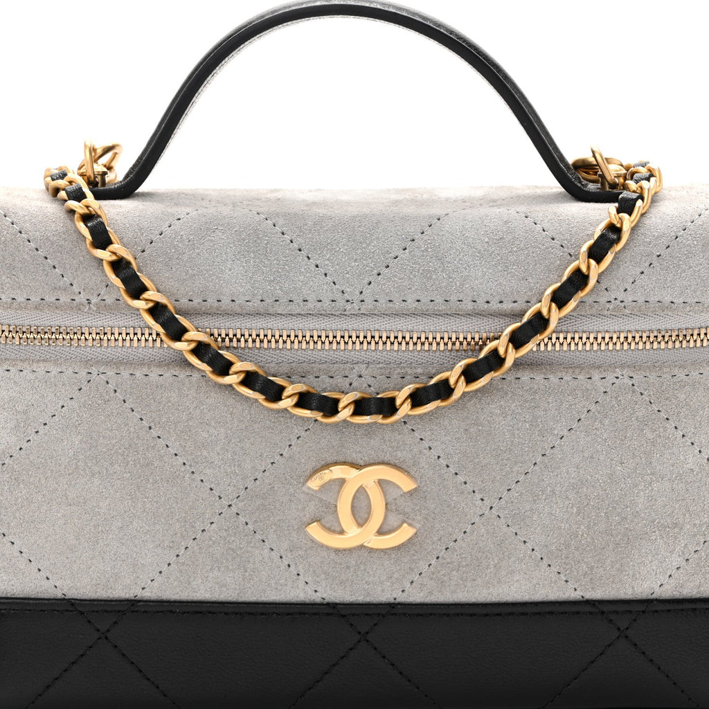 Suede Calfskin Shiny Lambskin Quilted Top Handle Slim Vanity Case With Chain Grey Black Grey Black