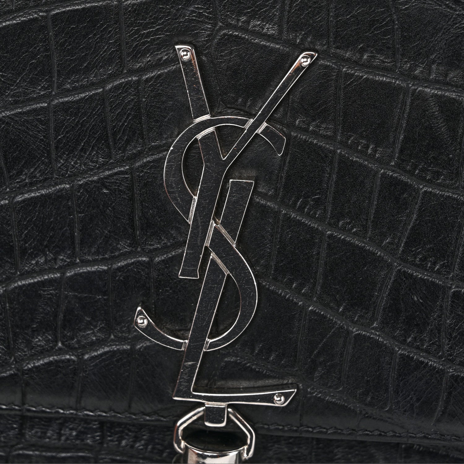 Calfskin Crocodile Embossed Medium Classic Monogram Kate Tassel Satchel Black