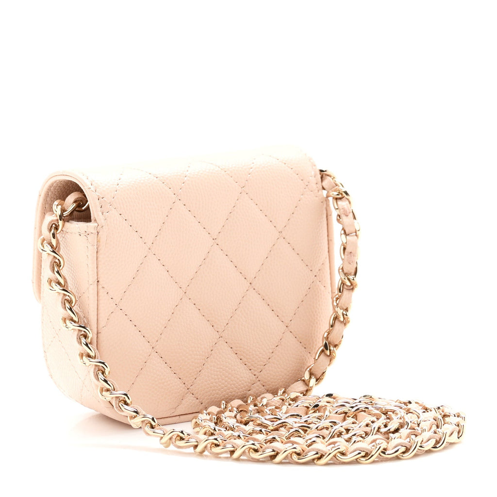 Caviar Quilted Mini Clutch With Chain Light Beige