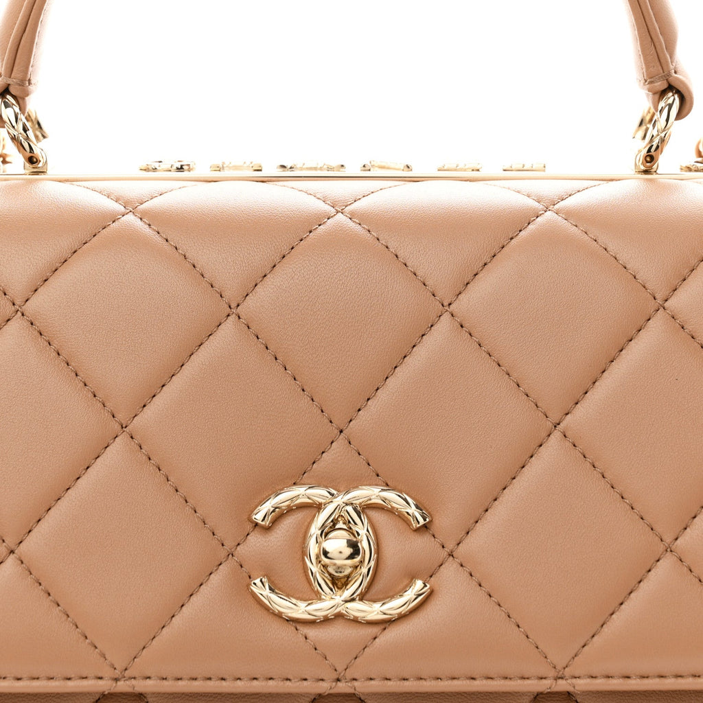 Lambskin Quilted Medium Trendy CC Flap Dual Handle Bag Camel