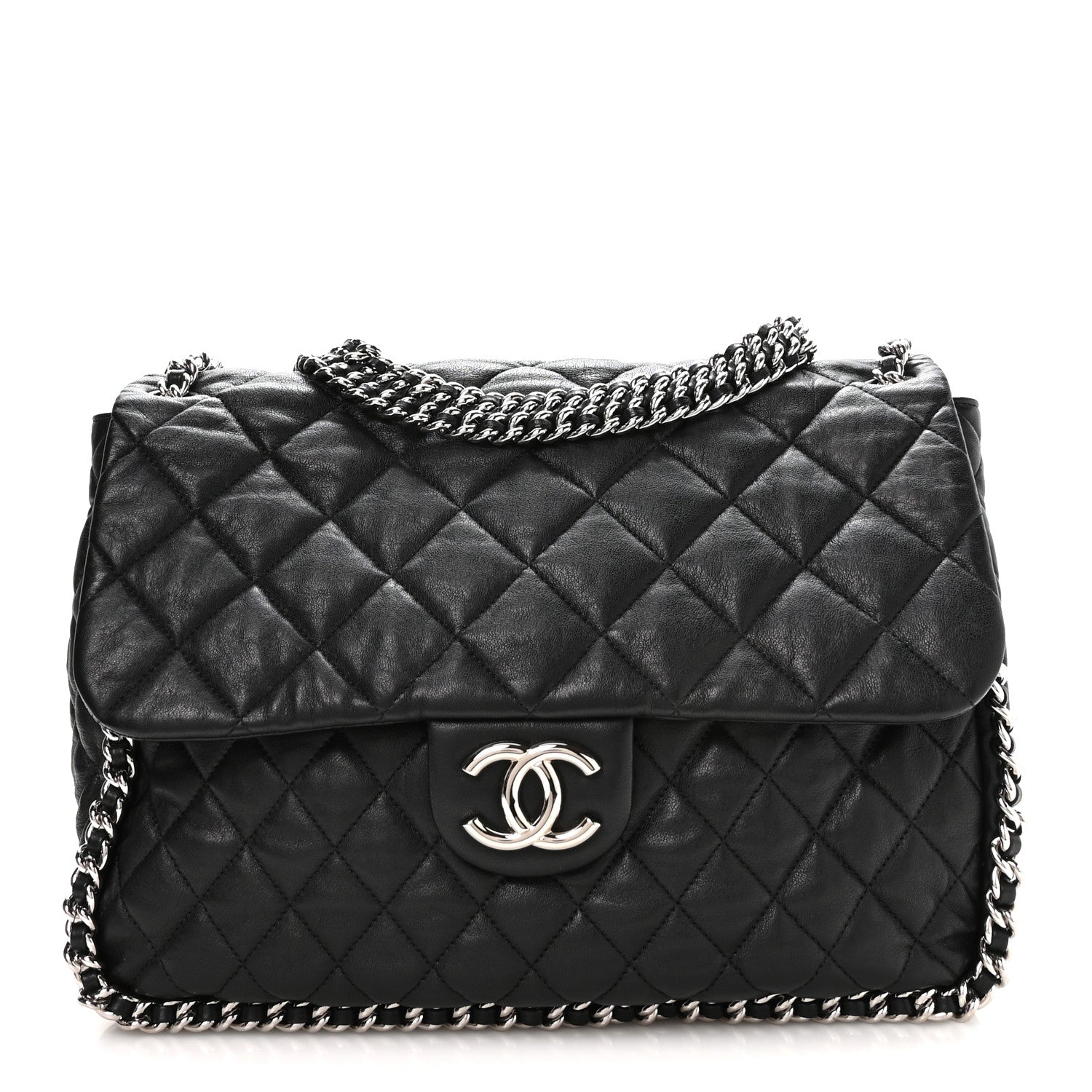 Washed Lambskin Quilted Maxi Chain Around Flap Black