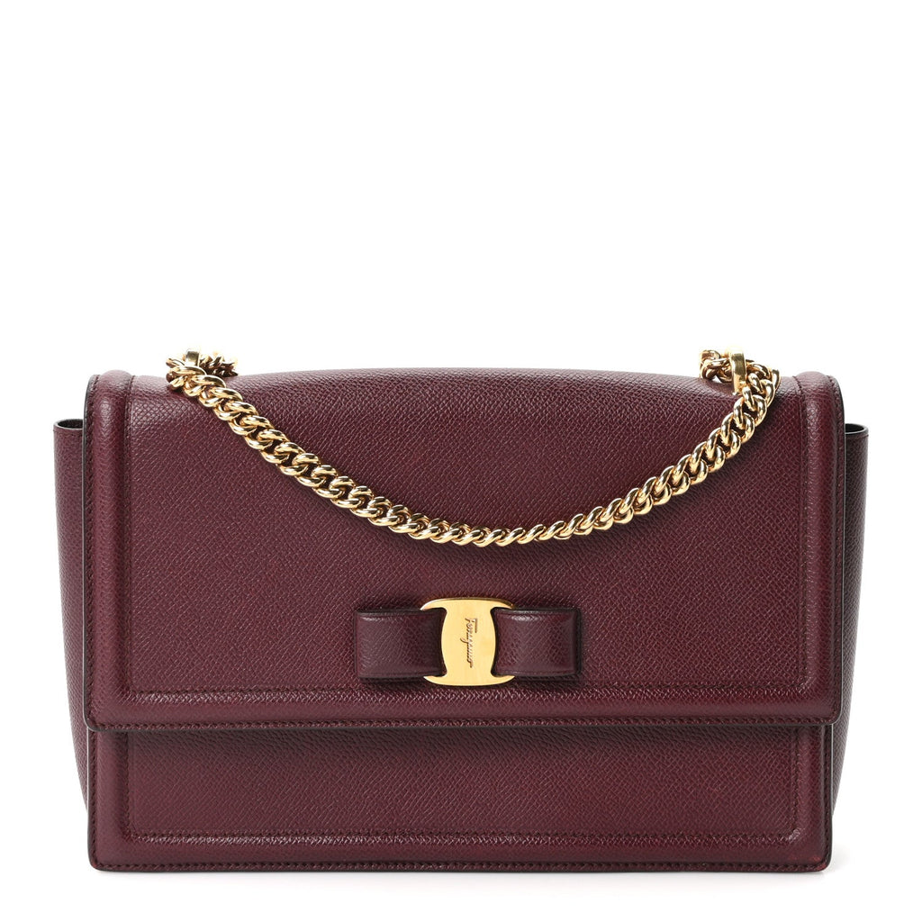 Pebble Calfskin Ginny Vara Bow Shoulder Bag Burgundy