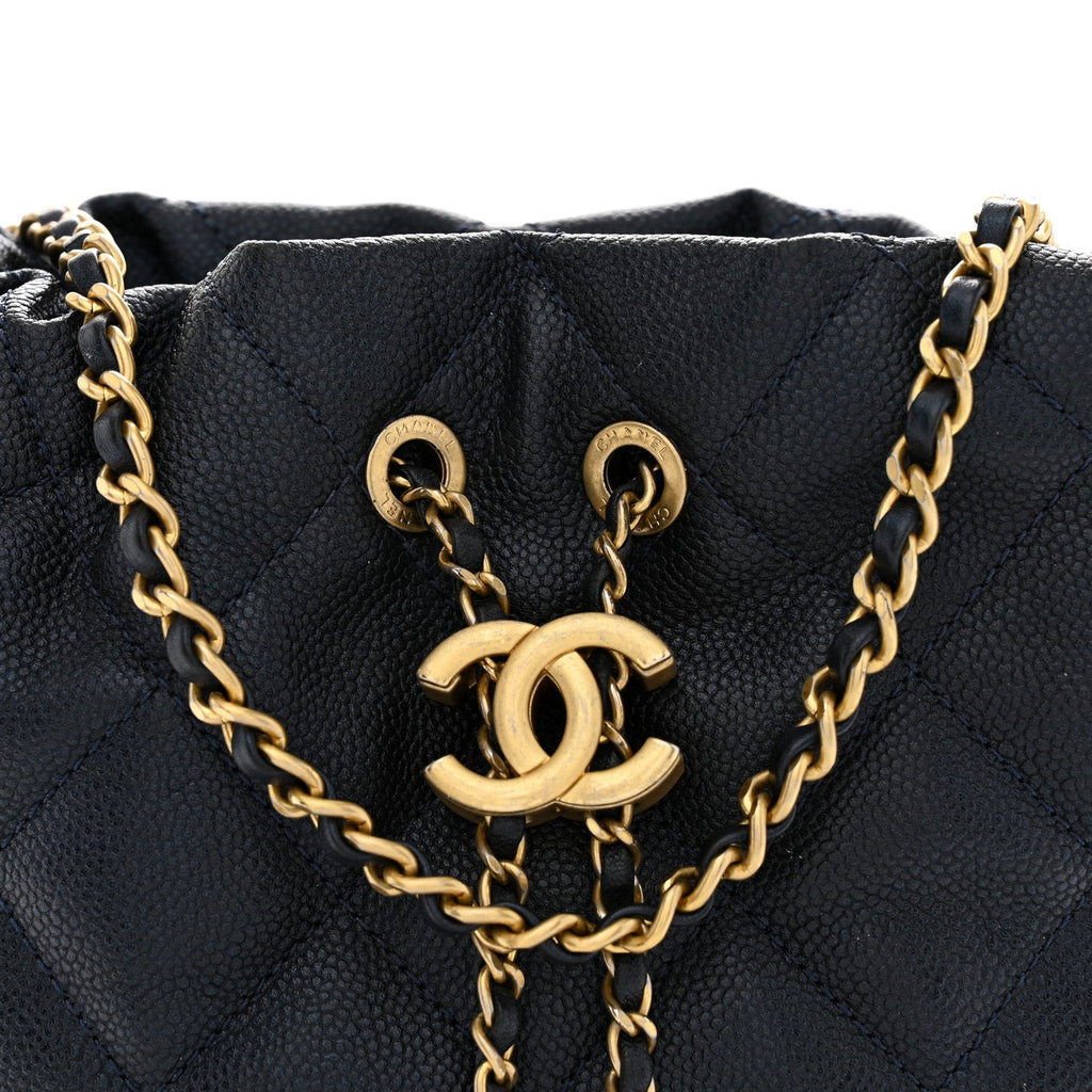 Iridescent Caviar Quilted My Perfect CC Bucket Drawstring Bag Blue
