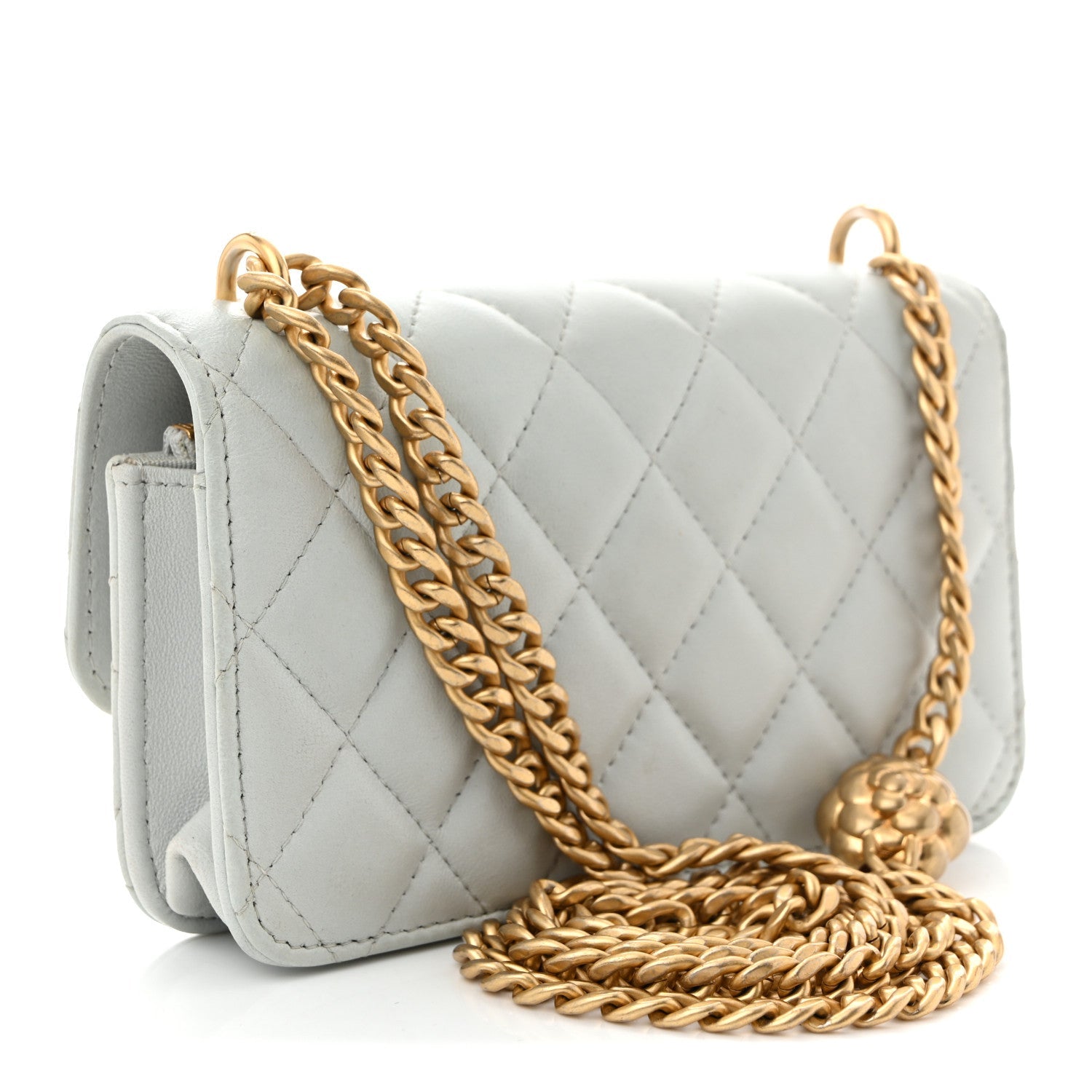Lambskin Quilted Sweet Camellia Flap Phone Holder With Chain Light Blue