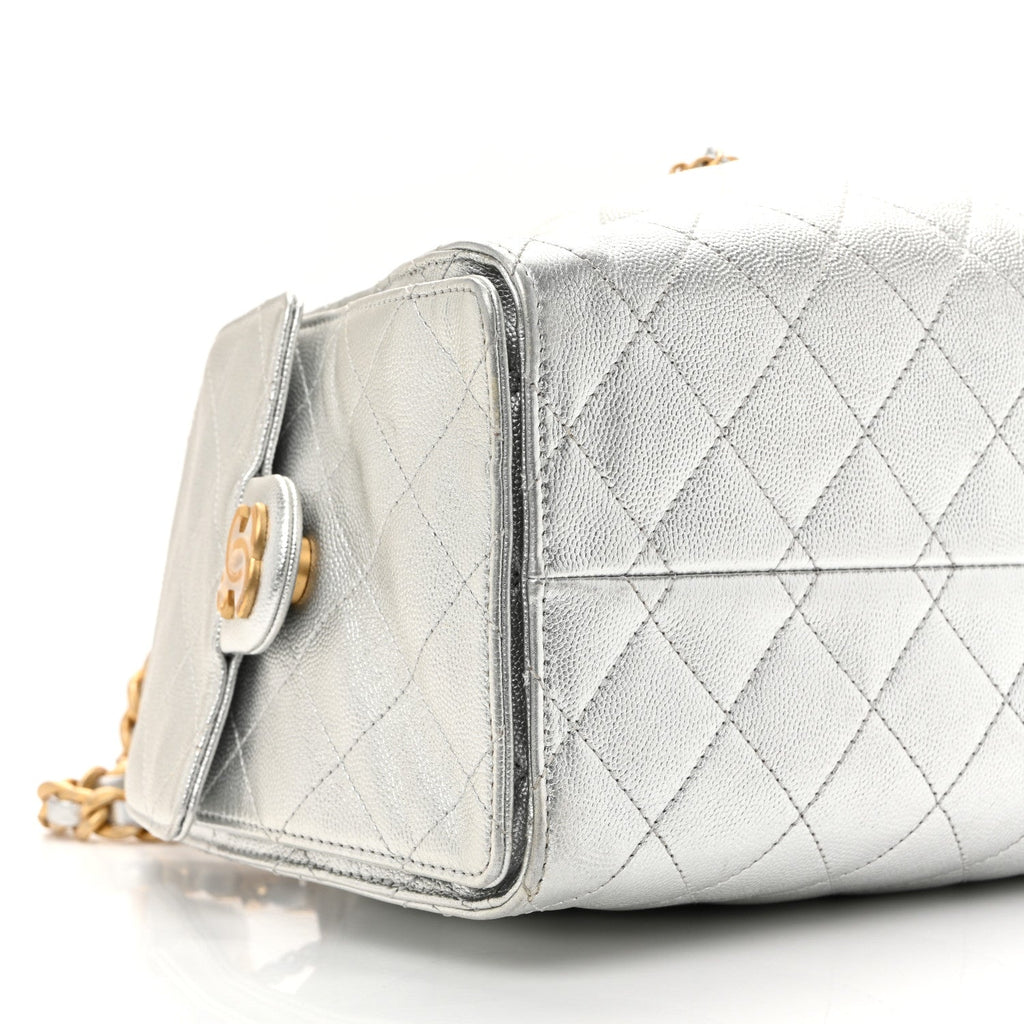 Metallic Caviar Quilted Small Chanel 25 Handbag Silver