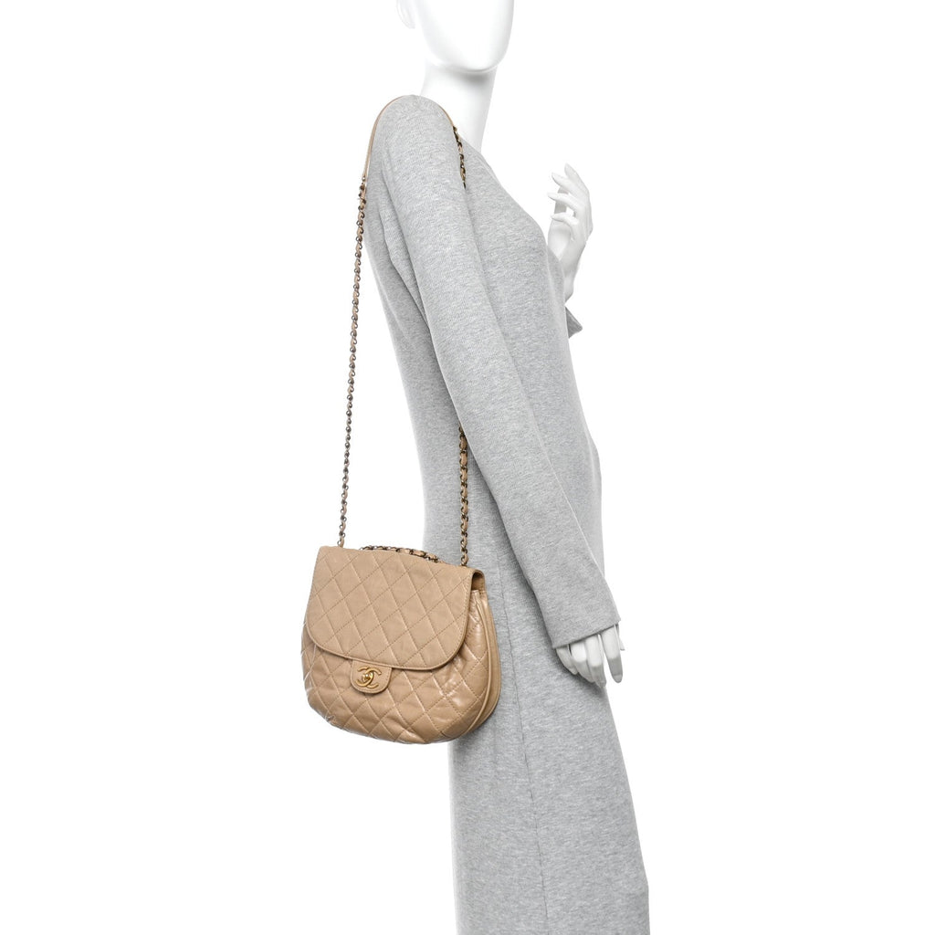 Glazed Calfskin Quilted Medium Bubble CC Flap Beige