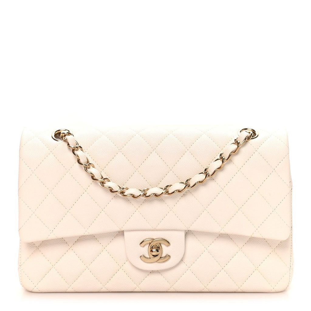 Caviar Quilted Medium Double Flap White