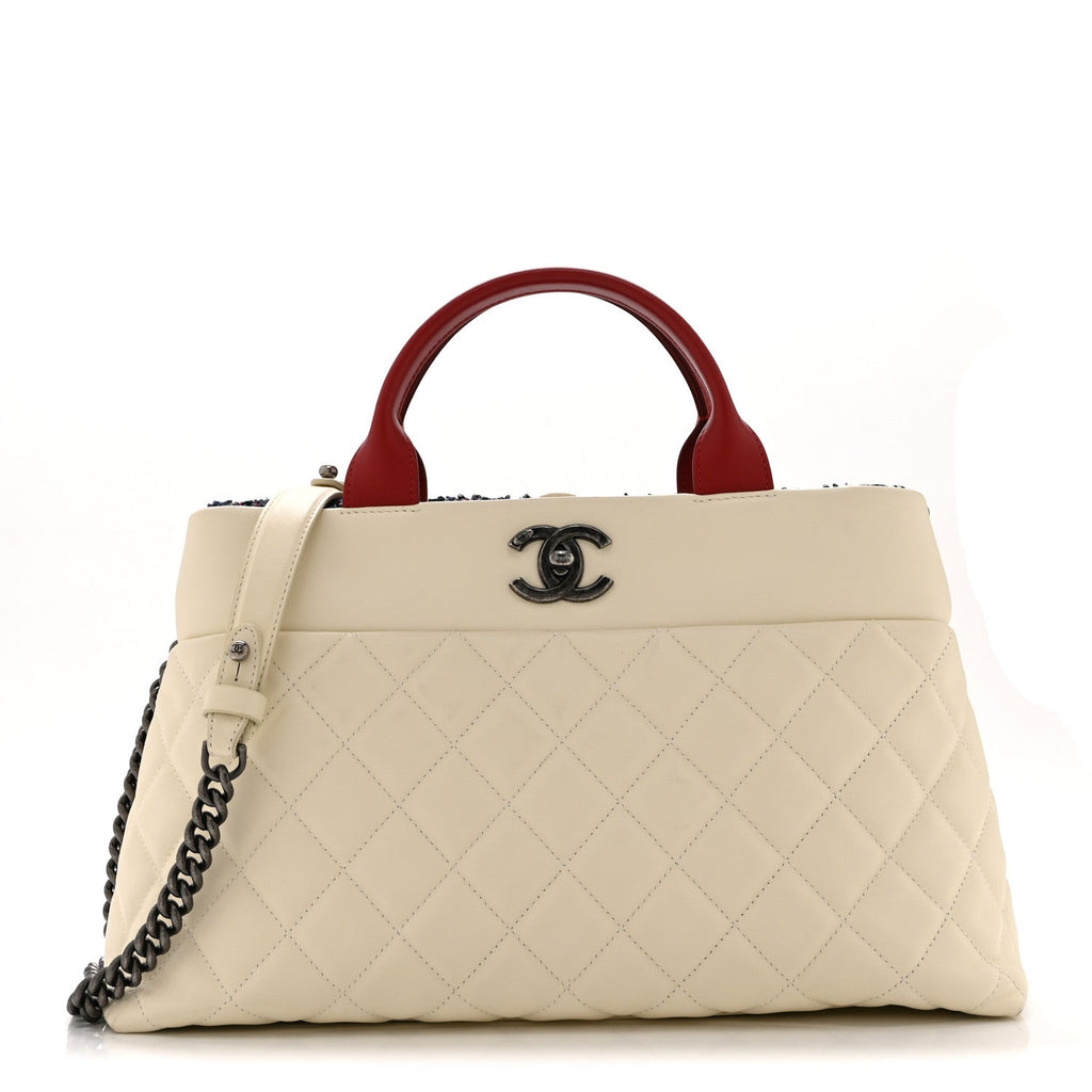 Calfskin Tweed Quilted Large Portobello Tote White Multicolor