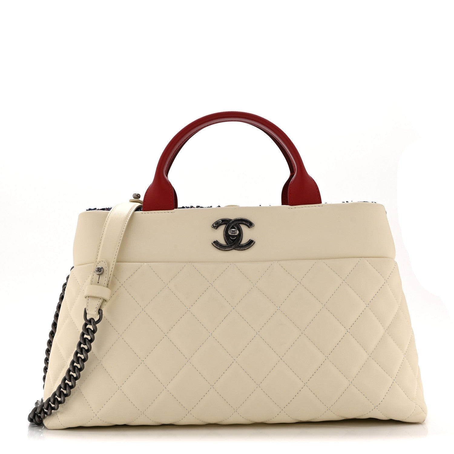 Calfskin Tweed Quilted Large Portobello Tote White Multicolor