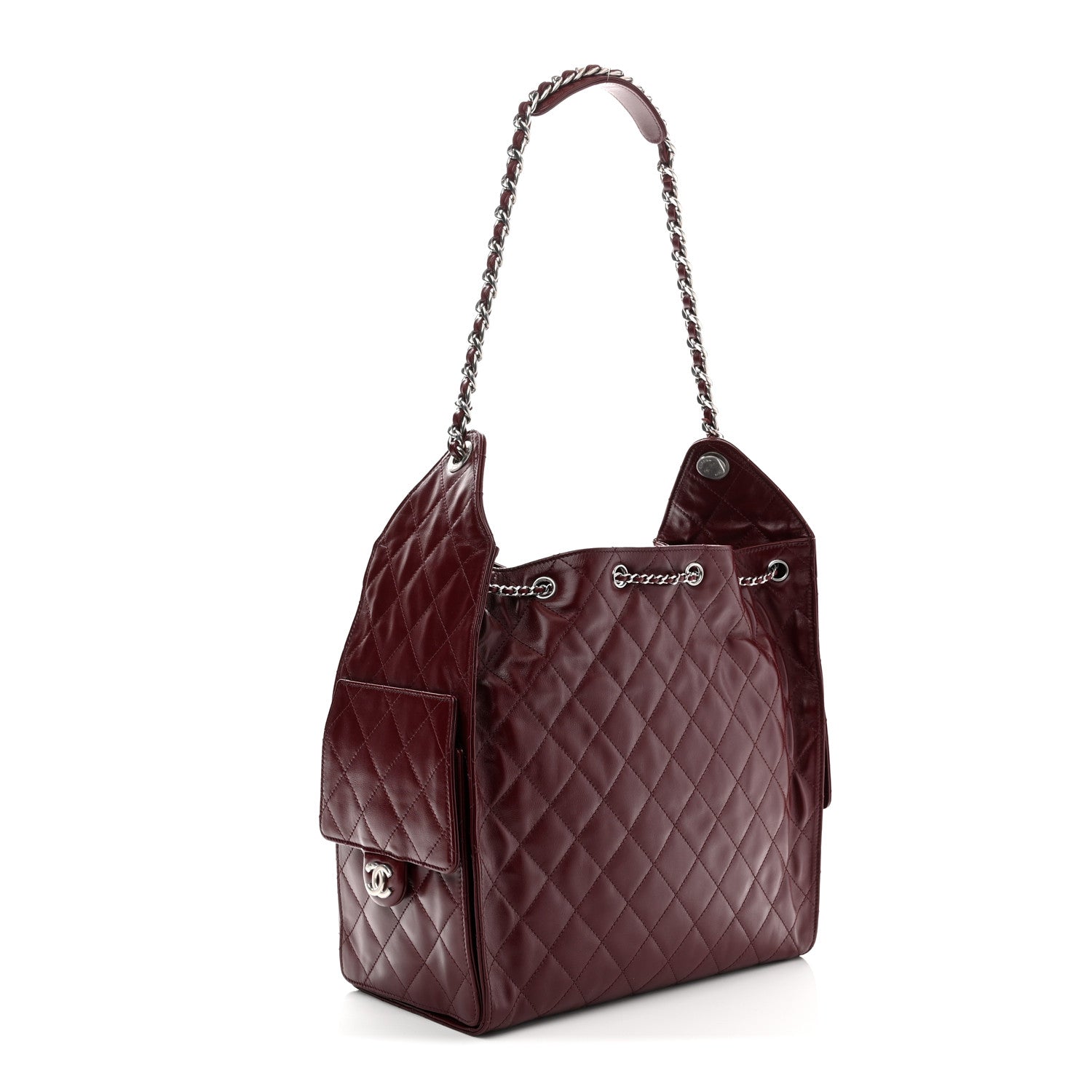 Shiny Crumpled Calfskin Quilted Medium Chanel 25 Handbag Dark Burgundy