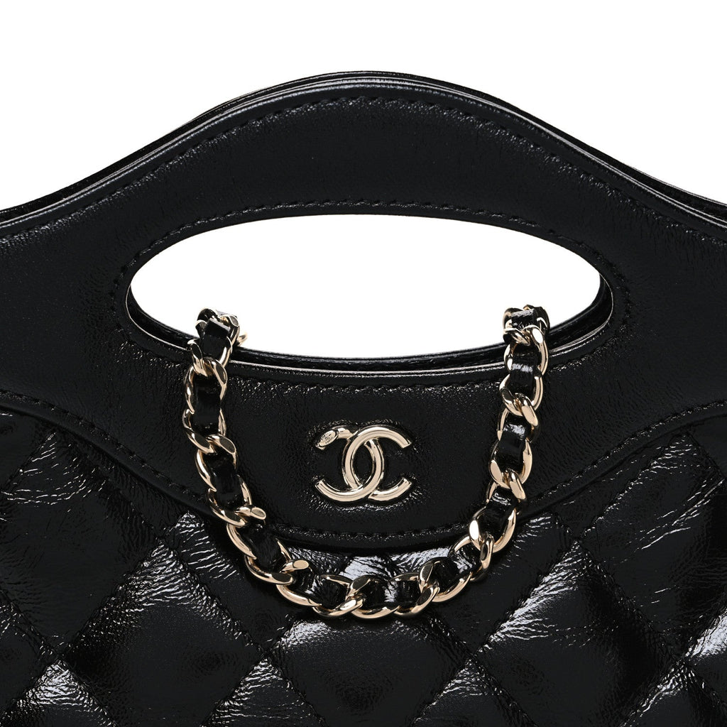 Shiny Crumpled Calfskin Quilted Nano 31 Shopping Bag Black