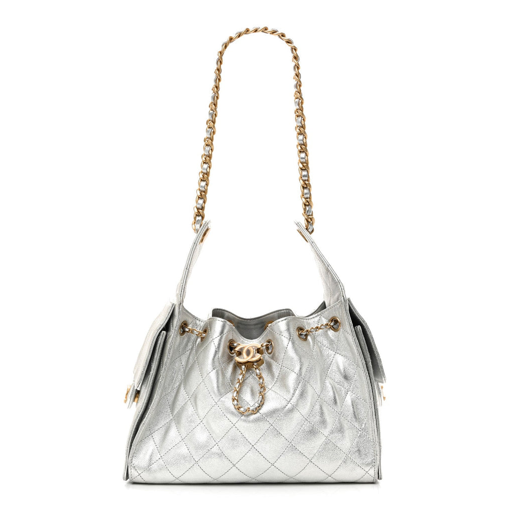 Metallic Caviar Quilted Small Chanel 25 Handbag Silver