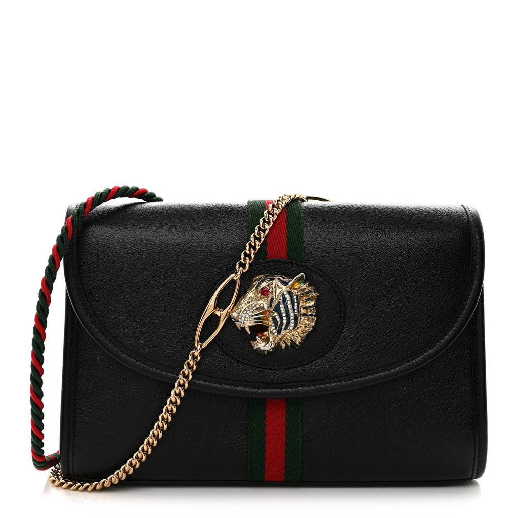 Textured Calfskin Web Small Rajah Slim Flap Shoulder Bag Black