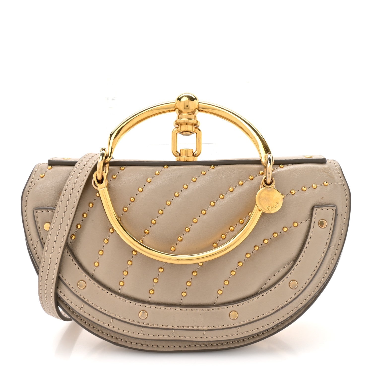 Calfskin Lambskin Quilted Studded Nile Bracelet Minaudiere Bag Pastel Grey