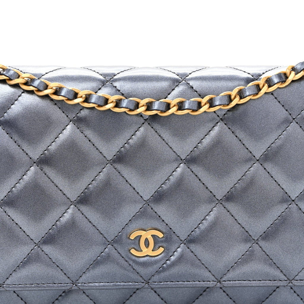 Metallic Calfskin Quilted Wallet On Chain WOC Navy Blue
