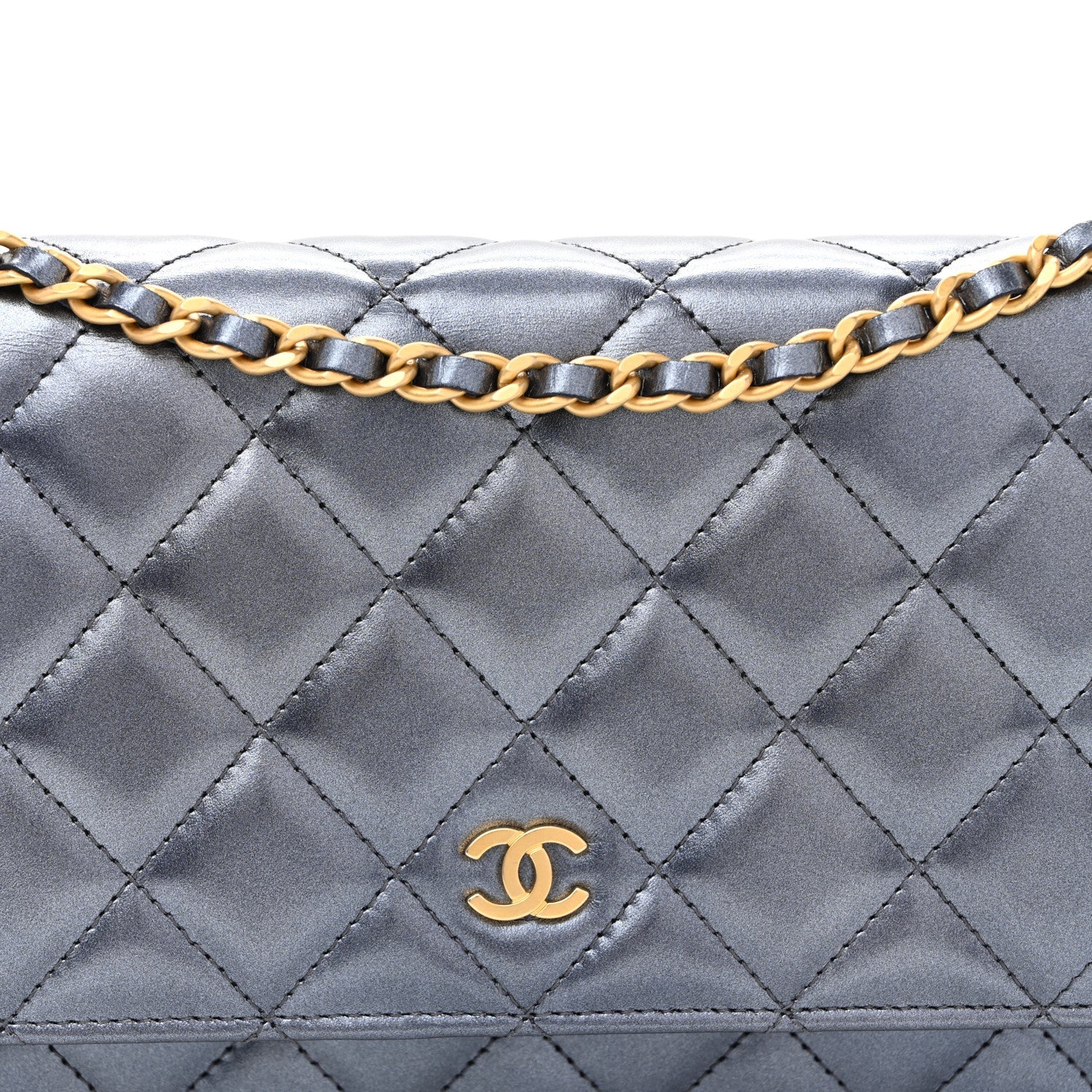 Metallic Calfskin Quilted Wallet On Chain WOC Navy Blue