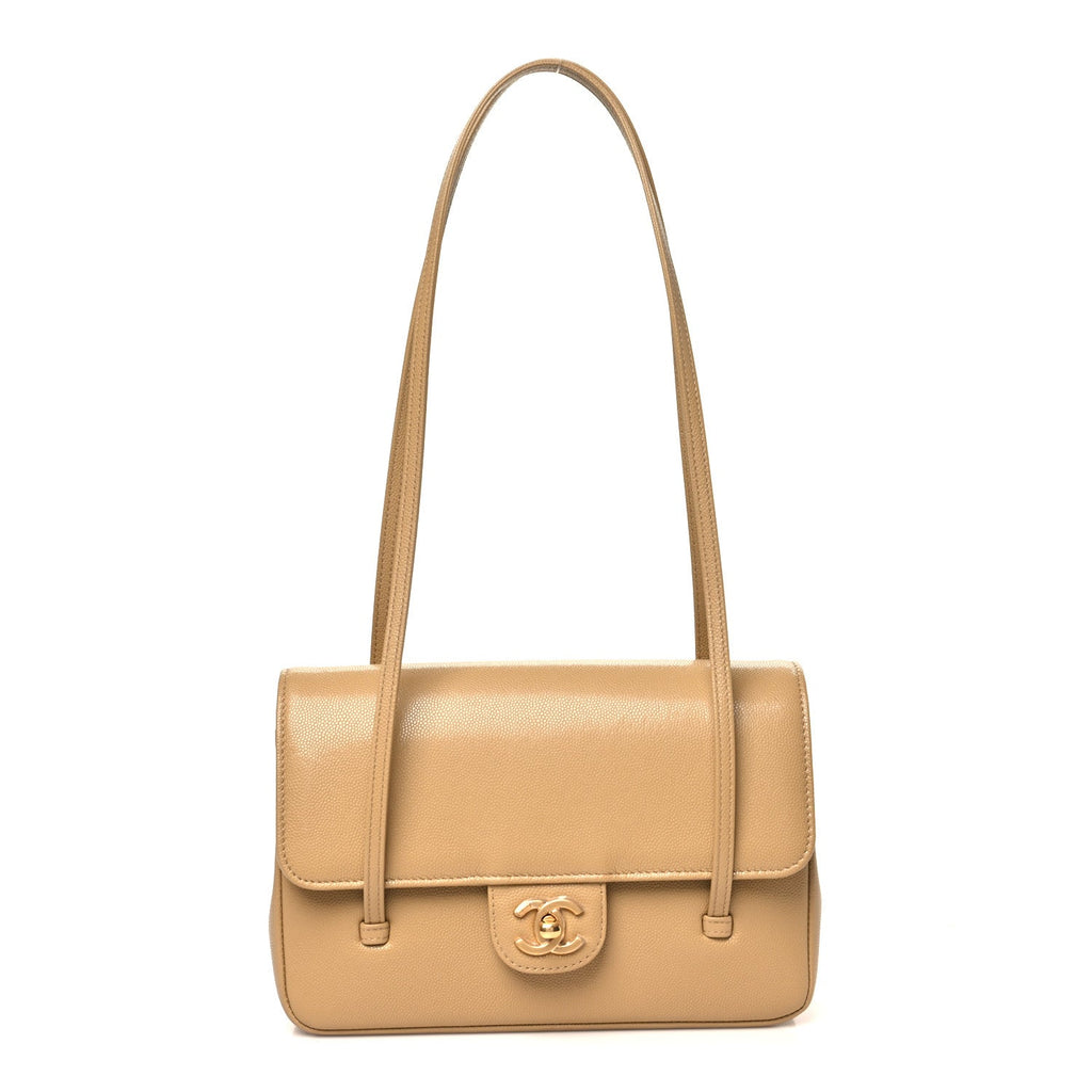 Shiny Caviar Preppy Coco Small Flap Beige