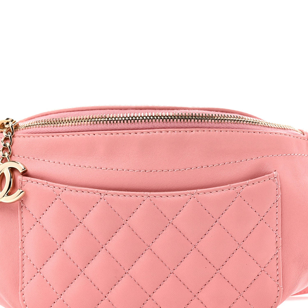 Lambskin Quilted Bi Waist Bag Fanny Pack Pink