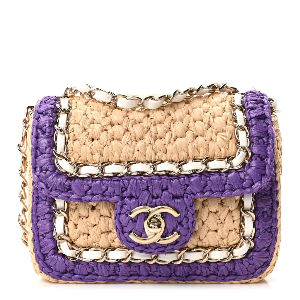 Raffia Chain Venice Beach Mini Flap Bag Beige Purple