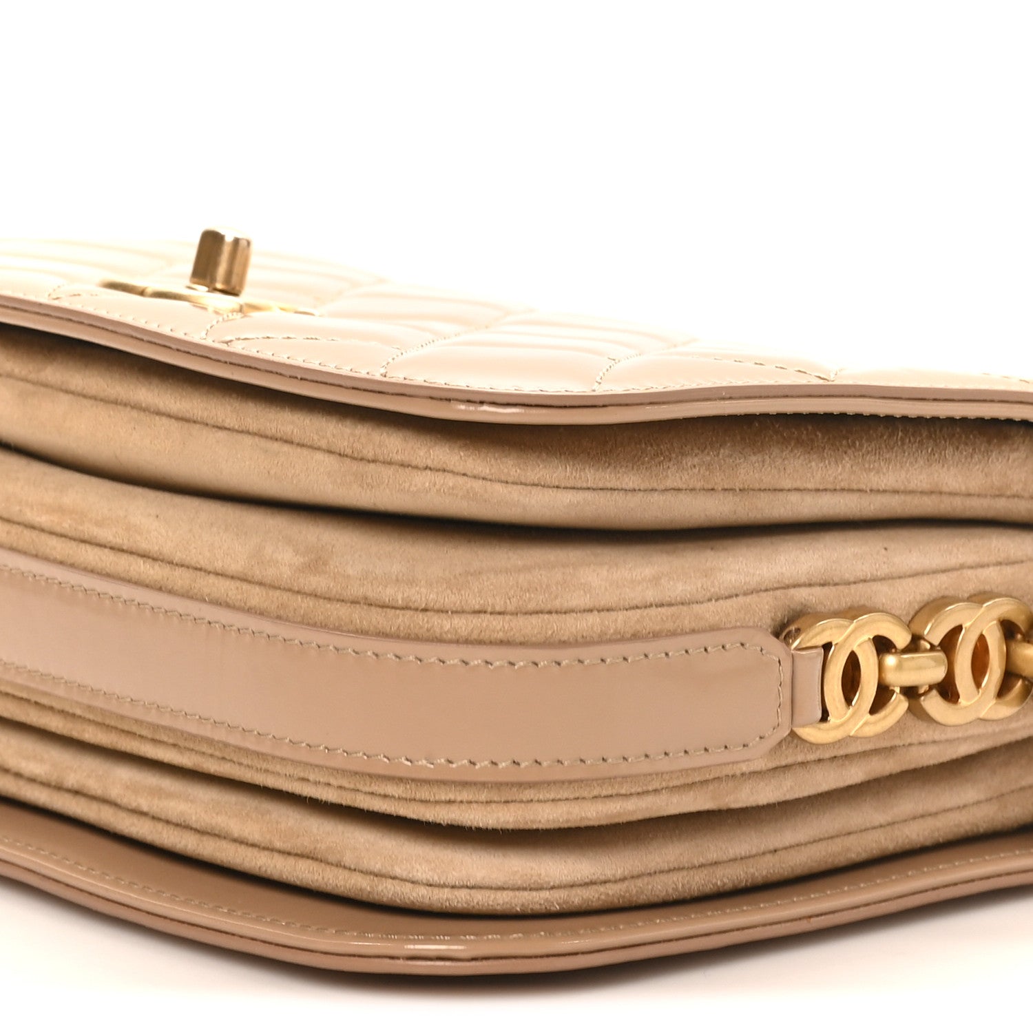 Shiny Calfskin Quilted Suede Goatskin Messenger Beige