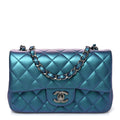 Iridescent Lambskin Quilted Mini Rectangular Flap Turquoise