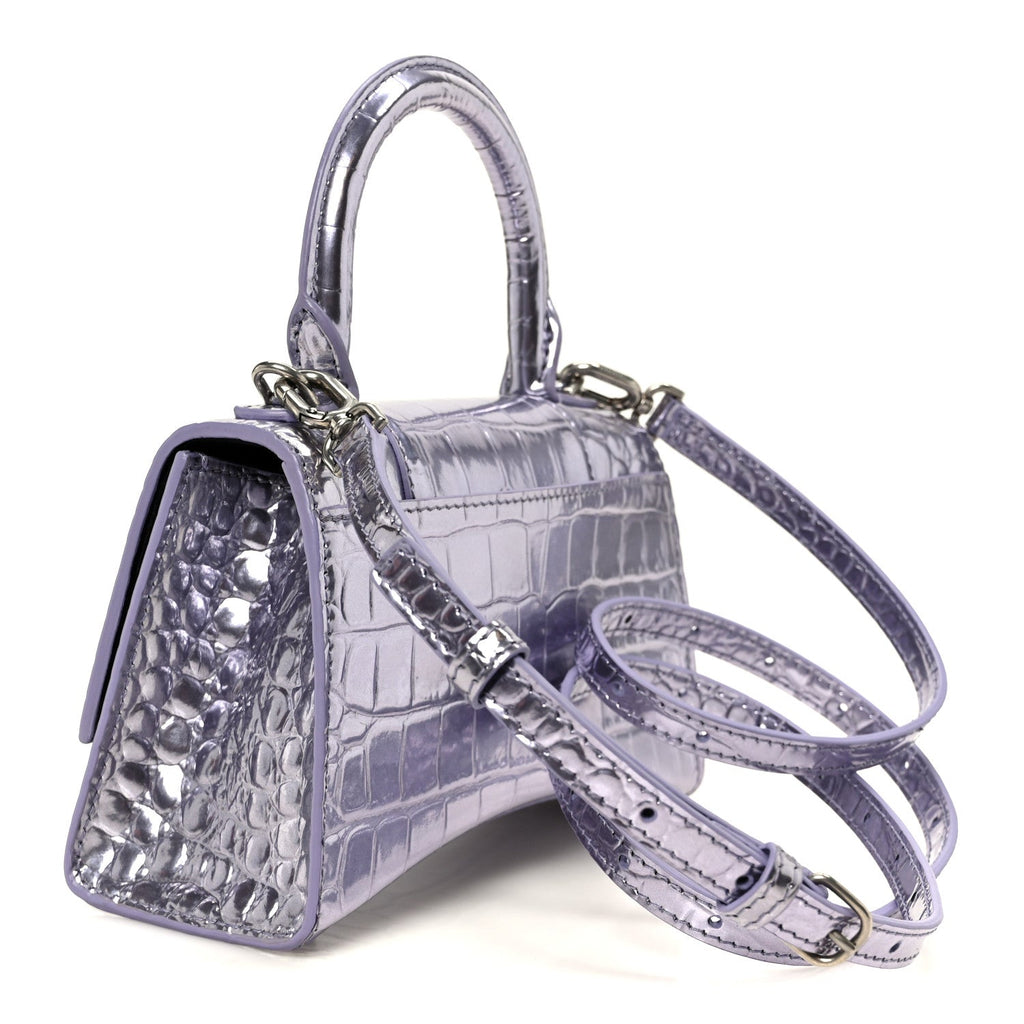 Metallic Calfskin Crocodile Embossed Hourglass Top Handle Bag XS Lilac