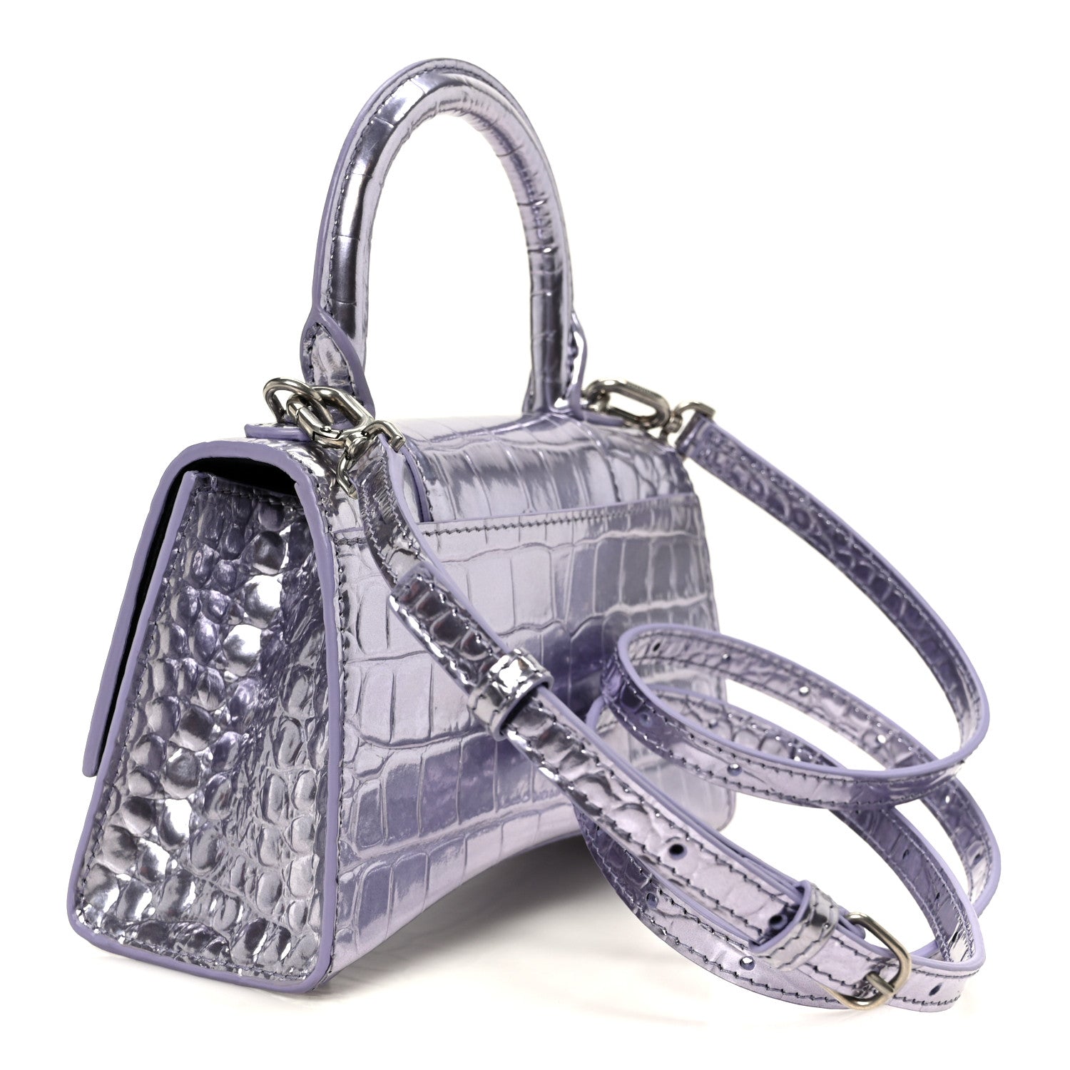 Metallic Calfskin Crocodile Embossed Hourglass Top Handle Bag XS Lilac