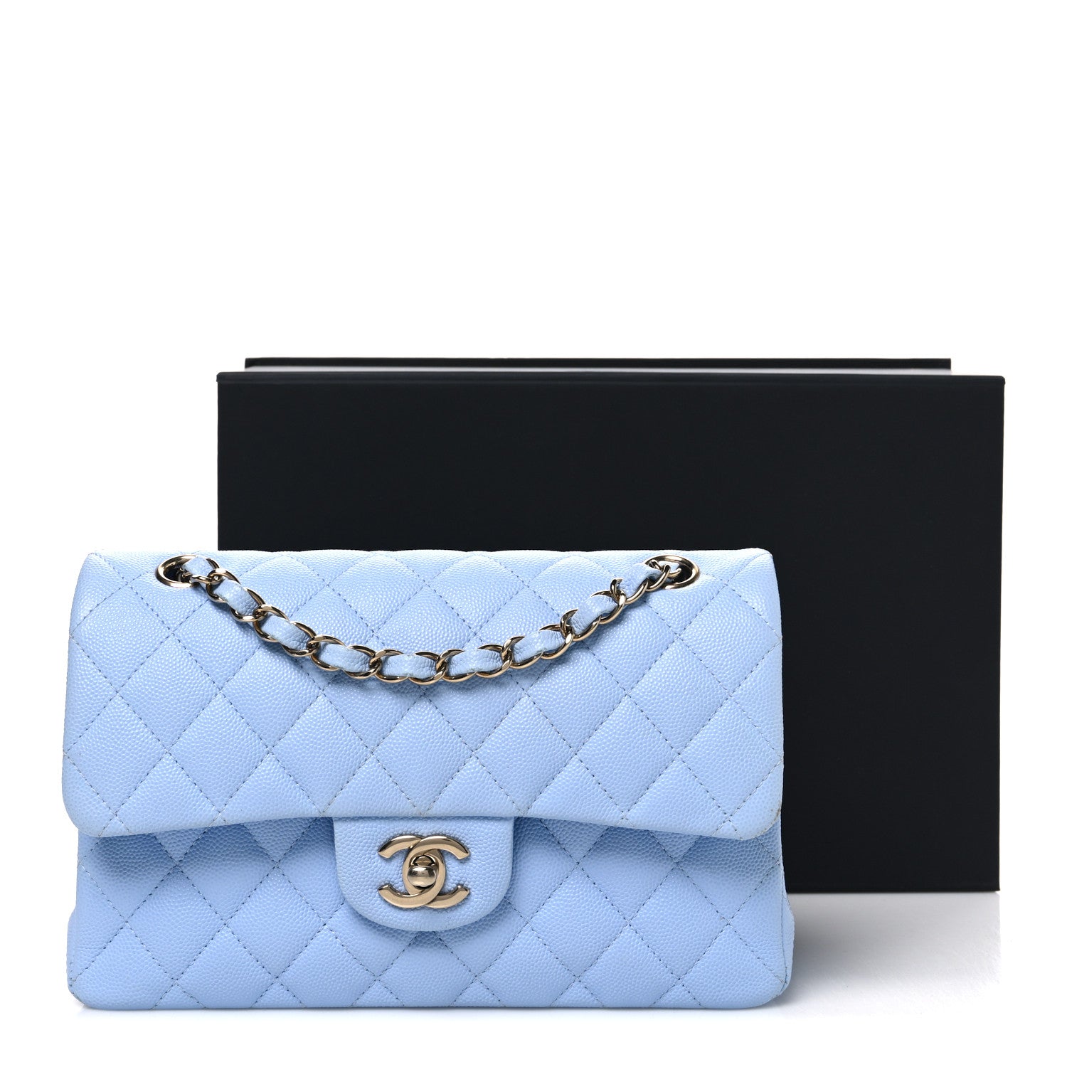 Caviar Quilted Small Double Flap Light Blue