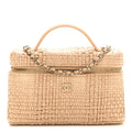Braided Raffia Quilted Top Handle Slim Vanity Case With Chain Beige