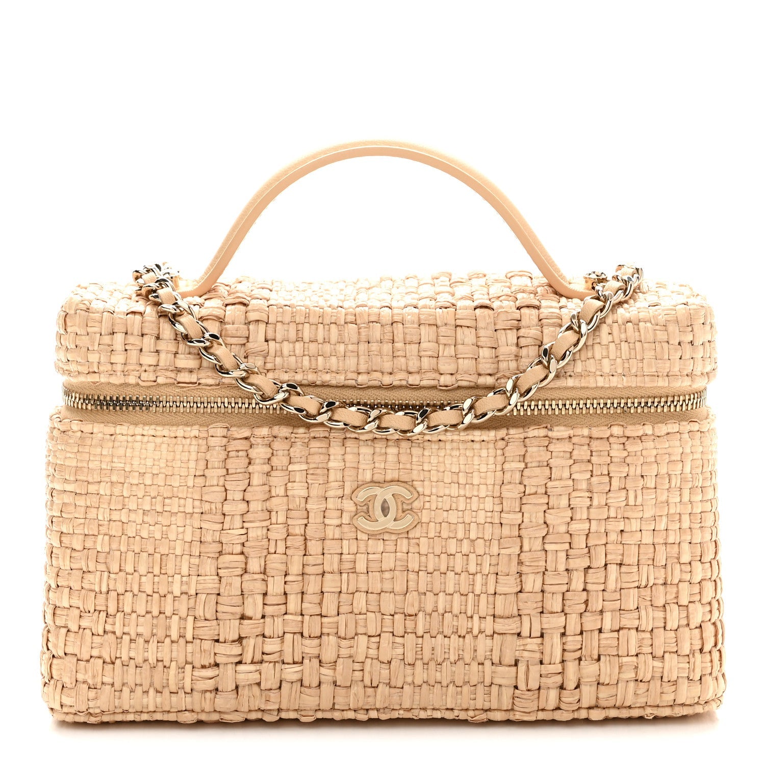 Braided Raffia Quilted Top Handle Slim Vanity Case With Chain Beige