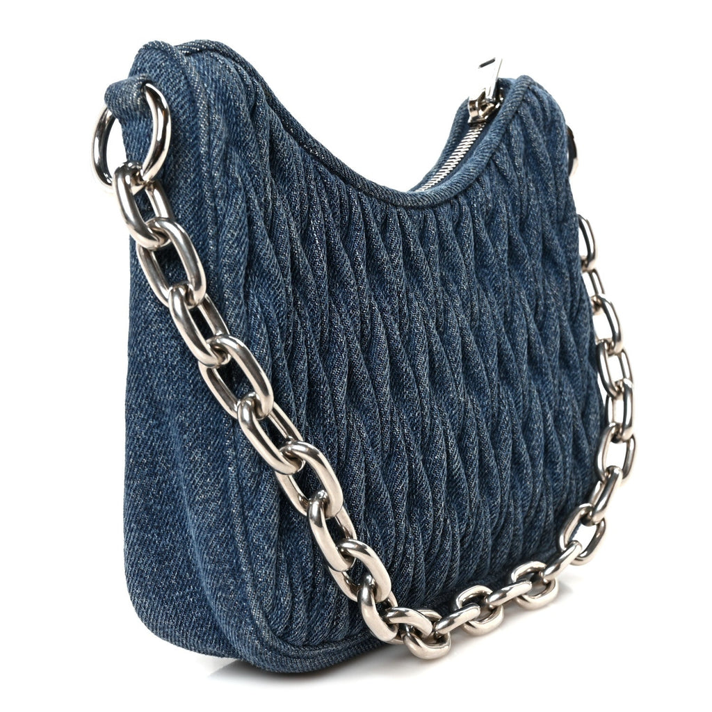 Denim Matelasse Shoulder Bag Blue White