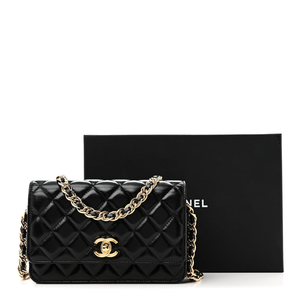 Shiny Lambskin Quilted Golden Links Wallet On Chain WOC Black