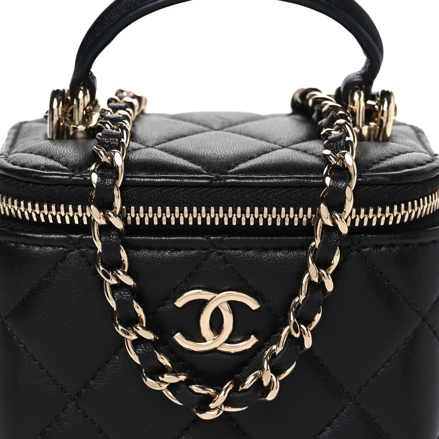Lambskin Quilted Top Handle Mini Vanity Case With Chain Black