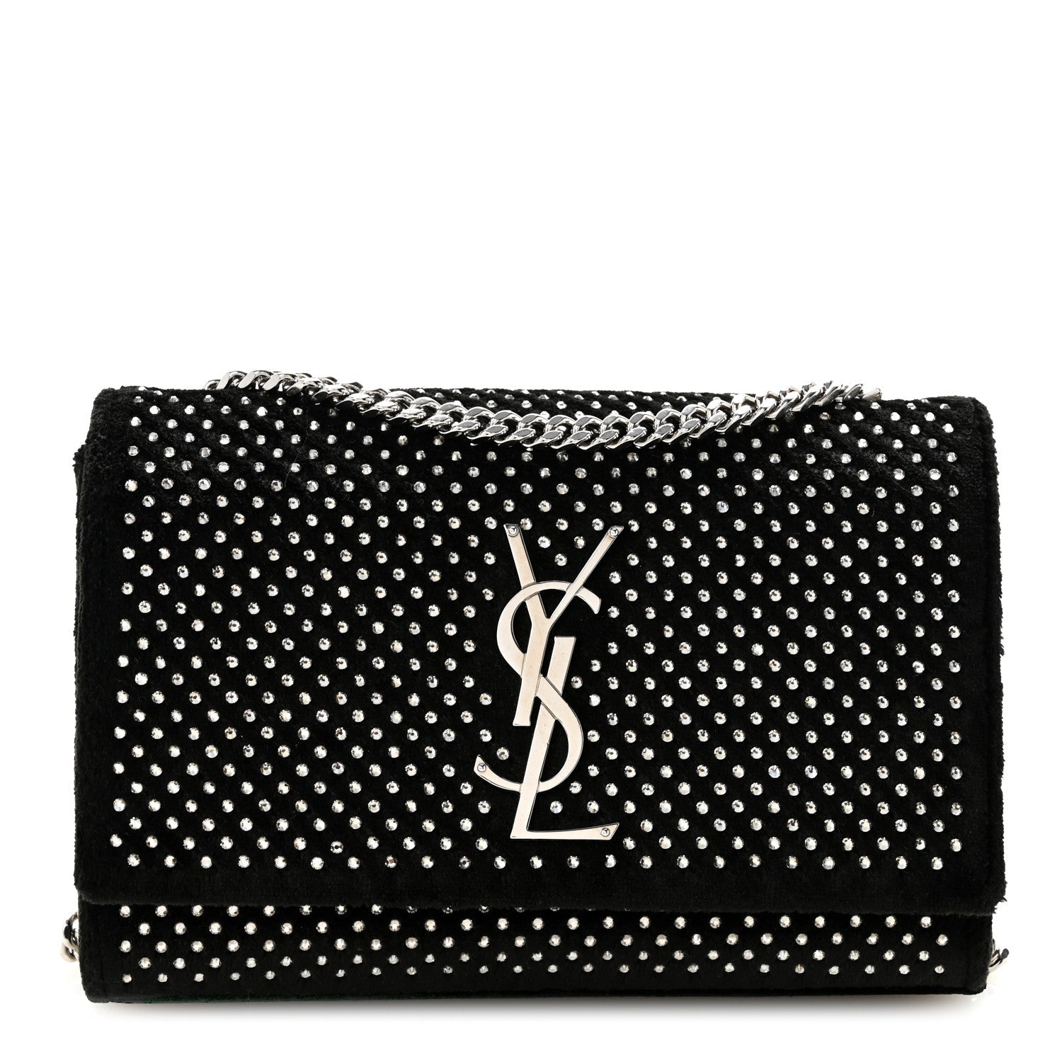 Velvet Crystal Studded Monogram Small Kate Satchel Black