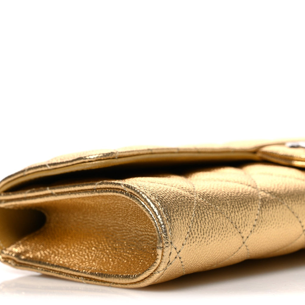 Metallic Caviar Quilted Top Handle Long Clutch With Chain Gold