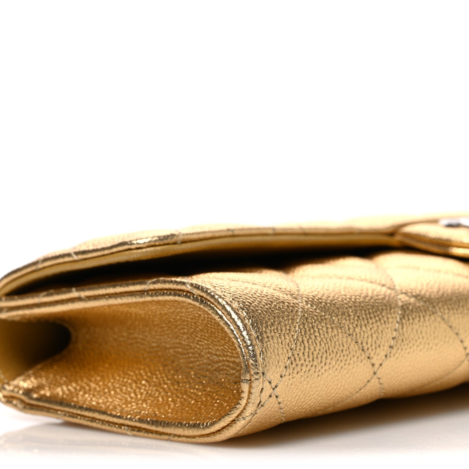 Metallic Caviar Quilted Top Handle Long Clutch With Chain Gold