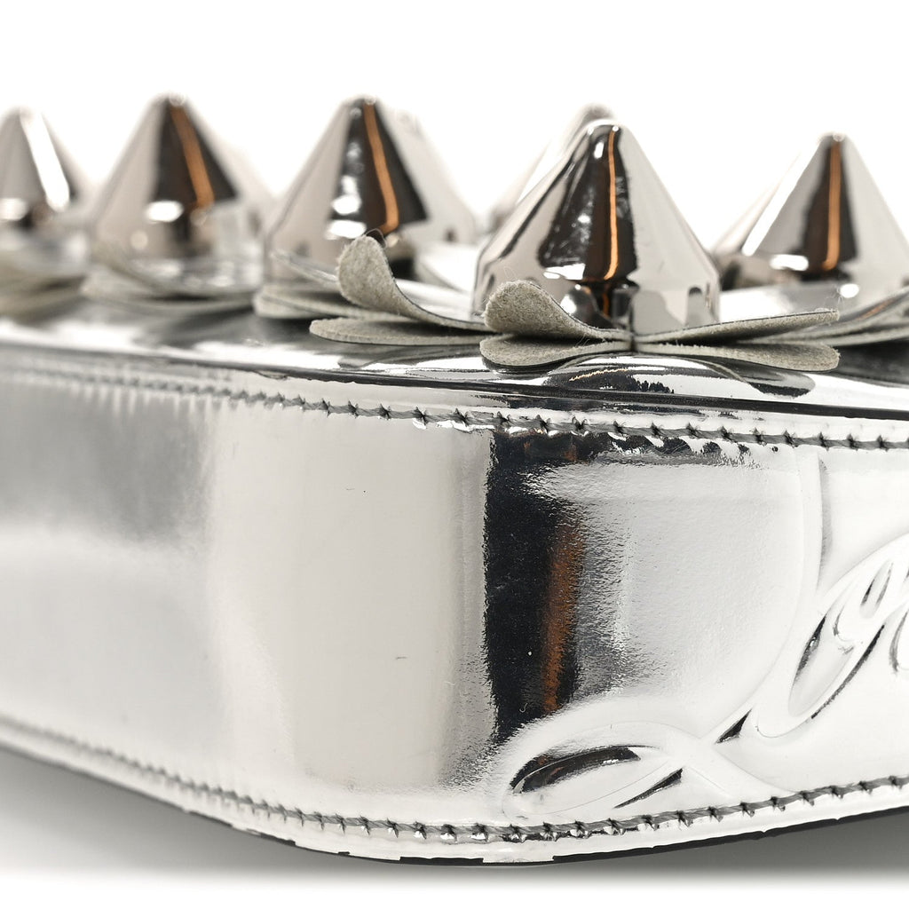 Metallic Patent Calfskin Flower Loubila Chain Clutch Silver